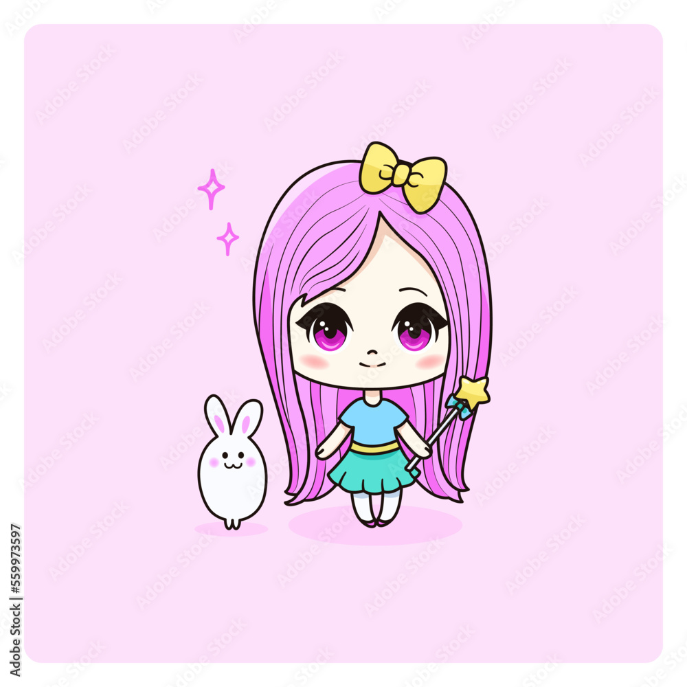 Cute and kawaii magic girl with bunny. Manga chibi art. Cute and kawaii magic girl with bunny. Manga chibi art.