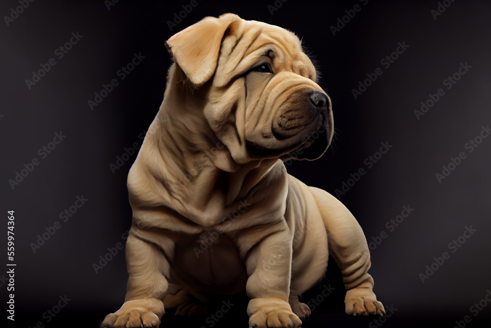 Beautiful Shar Pei puppy dog portrait in front of the green background.