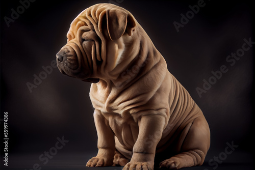 Beautiful Shar Pei puppy dog portrait in front of the green background. photo