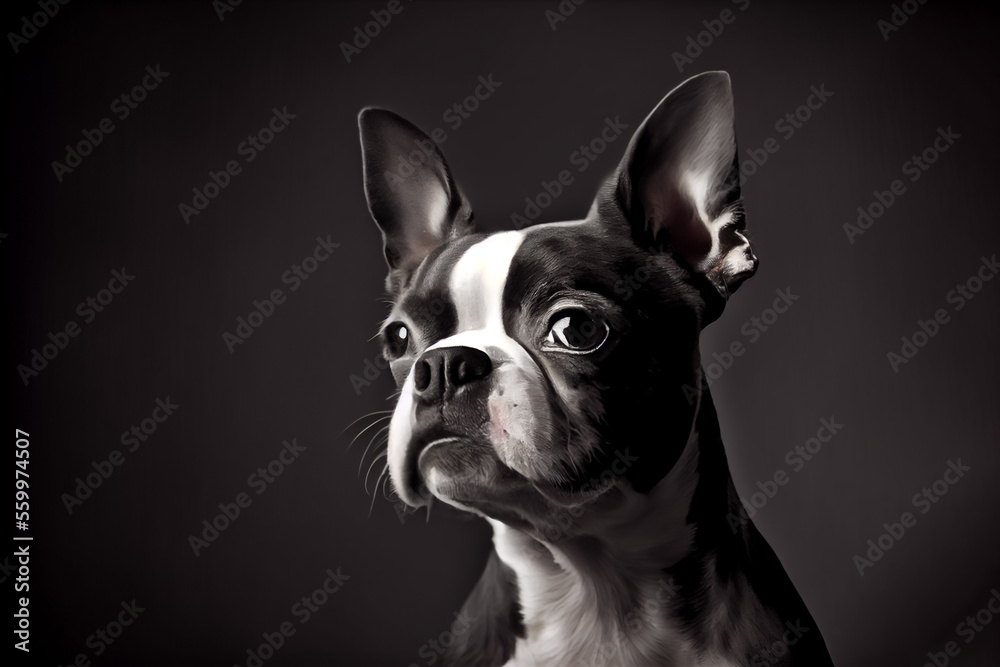 Beautiful Boston Terrier portrait in front of dark background. Beautiful Boston Terrier portrait in front of dark background.