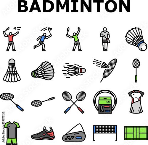 badminton shuttlecock sport icons set vector. competition racket, player game, tournament athlete, activity professional, action badminton shuttlecock sport color line illustrations