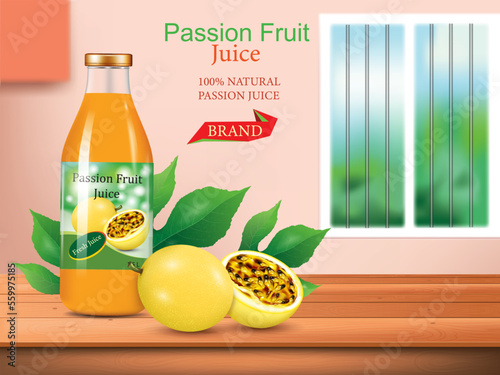 vector illustration passion fruits juice ad design template,include passion fruits juice bottle and passion fruits leaves with passion fruits.use for natural fresh juice advertising poster.
