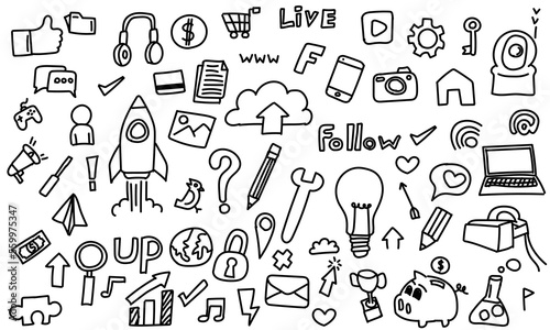 Line art Doodle of objects and symbols on the Social Media technology theme design vector.