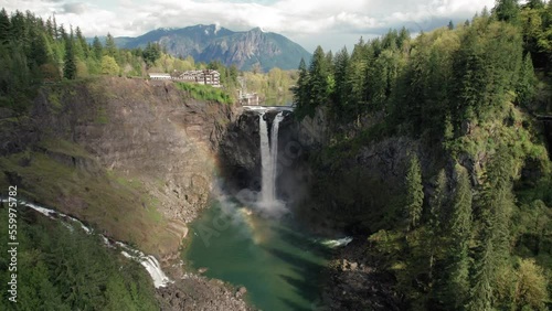 Rainbow in the Mist of Snoqualmie Falls Waterfall Shot by Drone