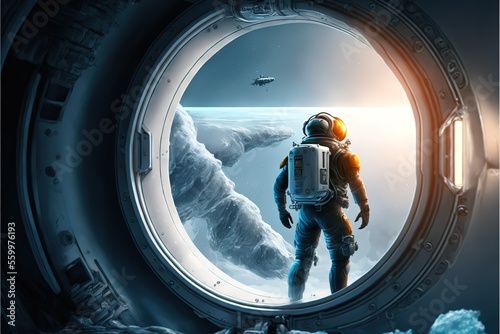 A guy in a spacesuit stands in front of a circular passage portal