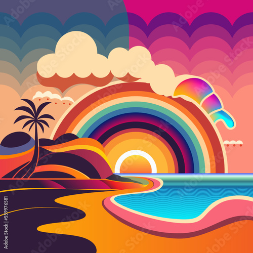 Beach with rainbow and palm tree art. Nature view in psychedelic art vector illustration. Colorful background. Vector eps 10. 