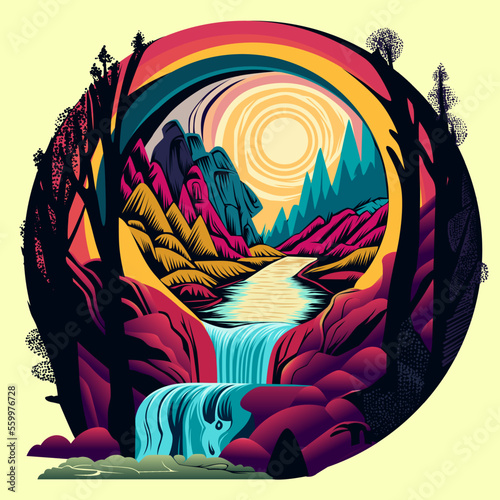 Mountain next to river with waterfall art. Nature view in psychedelic art vector illustration. Colorful background. Vector eps 10. 