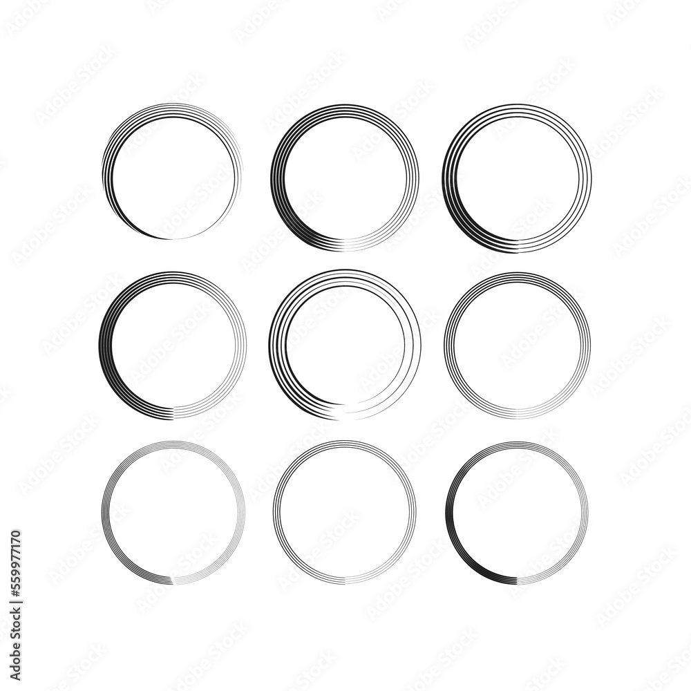 Brush circles in line art style. Round frame set. Grunge texture. Vector illustration. stock image. Brush circles in line art style. Round frame set. Grunge texture. Vector illustration. stock image.