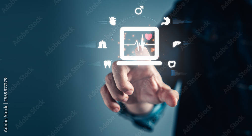 Man hand touch on virtual medical health care icons on network technology Man hand touch on virtual medical health care icons on network technology
