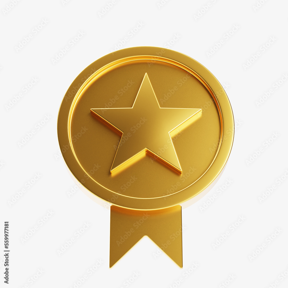 3D elegant circle gold star medal. Front gold star badge with ribbon 3D elegant circle gold star medal. Front gold star badge with ribbon