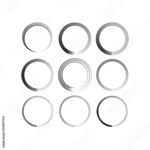 Brush circles in line art style. Round frame set. Grunge texture. Vector illustration. stock image.