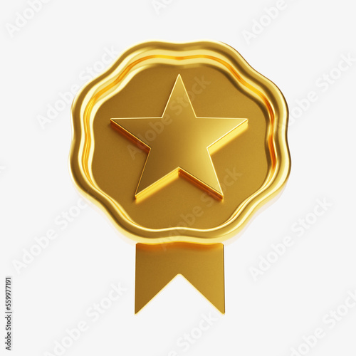 3D elegant circle gold star medal. Front gold star badge with ribbon