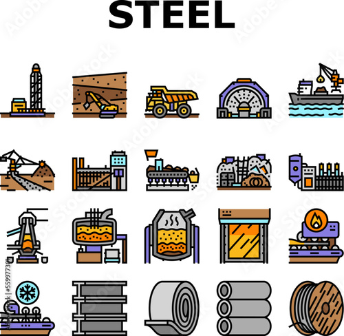 steel production industry metal icons set vector. factory iron, metallurgy industrial manufacturing, equipmen technology, construction steel production industry metal color line illustrations