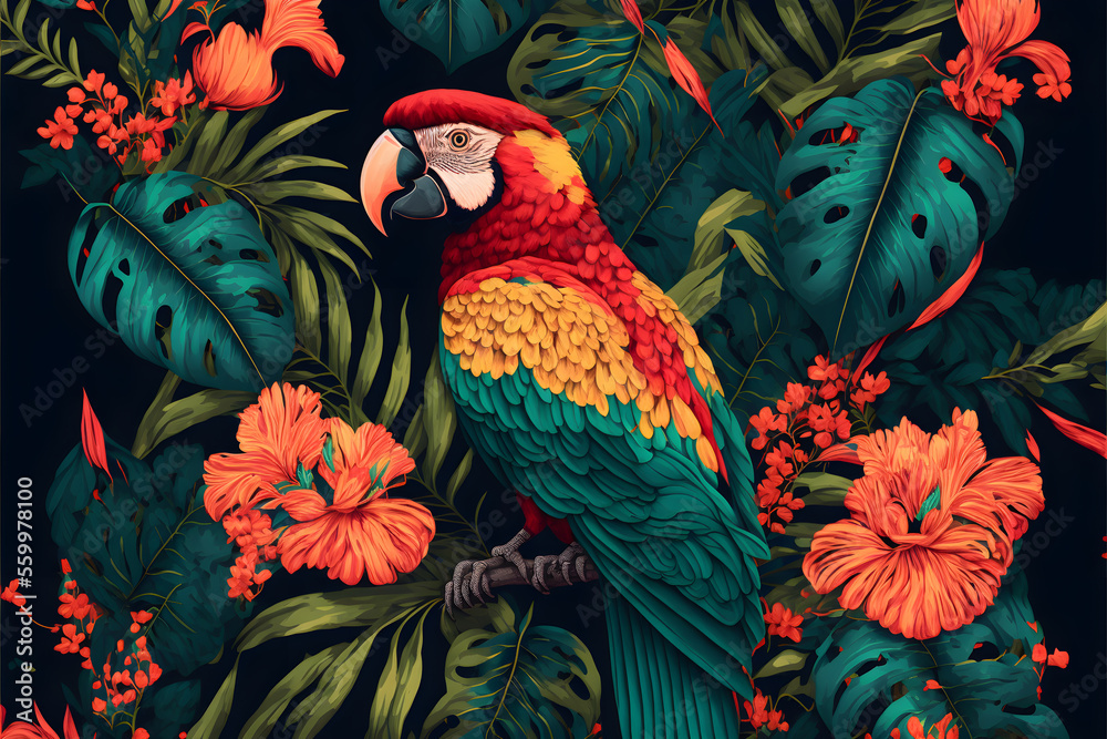 Tropical floral macaw pattern inspired in Brazil - Tropical bird - -ideal for decoration or background Tropical floral macaw pattern inspired in Brazil - Tropical bird - -ideal for decoration or background