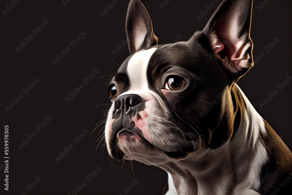 Beautiful Boston Terrier portrait in front of dark background.
