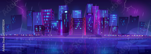 Night rainy city skyline view on lake shore or bank, glow street lamps, metropolis cityscape with neon glowing skyscraper buildings, urban seaside architecture in rstorm. Cartoon vector illustration