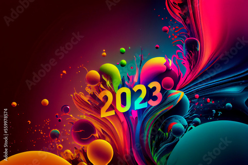 New Year 2023 with Colorful High Technology Background. Generative Ai