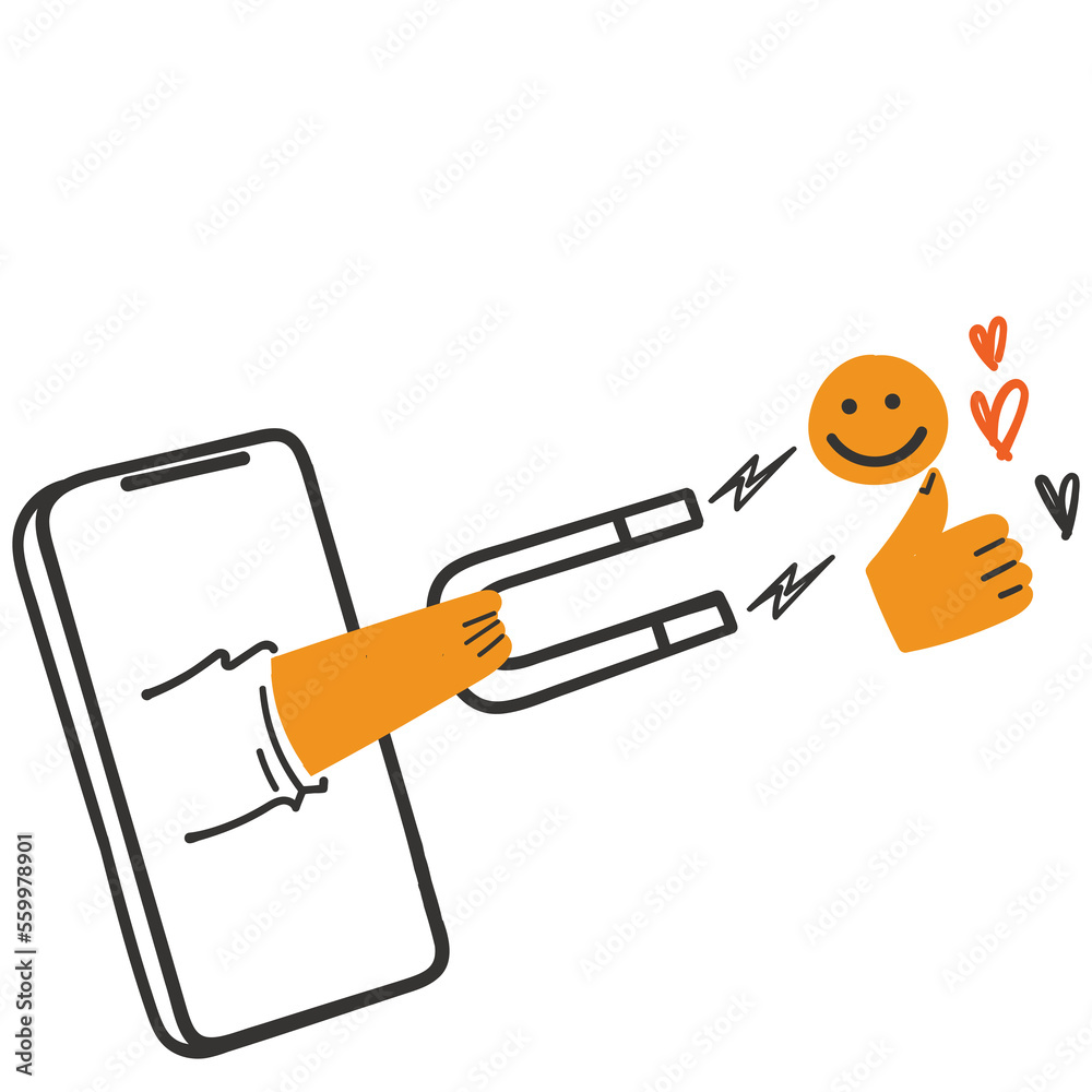 Obraz premium hand drawn doodle hand holding magnet on mobile symbol for customer attraction illustration vector
