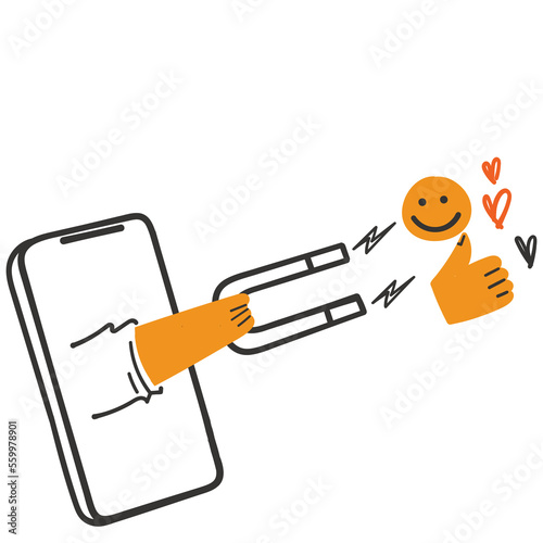 hand drawn doodle hand holding magnet on mobile symbol for customer attraction illustration vector
