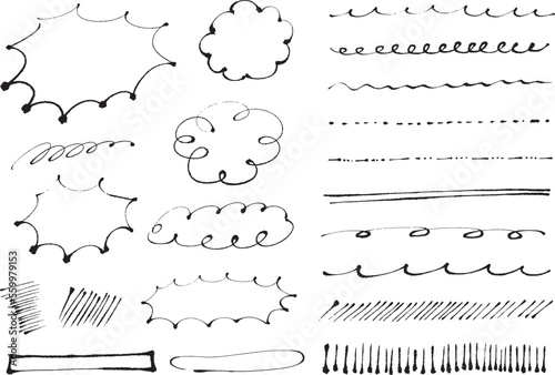 黒インクのペンで描いたフレームや飾り線のセット