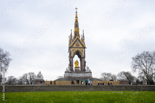 The Albert Memorial and statues in Kensington Garden during winter cloudy day in London , United Kingdom : 12 March 2018