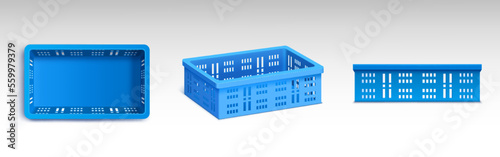 Set of blue plastic crates isolated on white background. Realistic vector illustration of empty box mockup top, side and isometric view. Container for goods storage, transportation and delivery