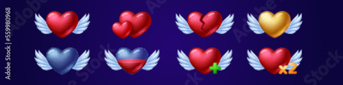 Set of winged heart game icons, fill progress score, level elements, red or gold, full and empty user Ui status of life, love, health, energy resource for pc, mobile app, Cartoon vector illustration