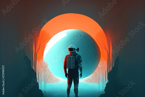Astronaut stood near the mystical sphere