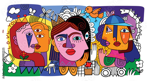 Abstract face portrait decorative line hand drawn vector illustration.