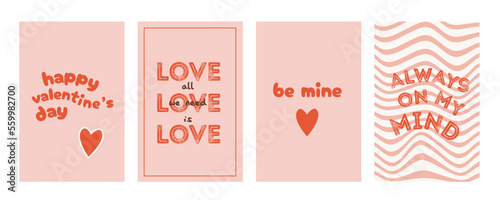 Valentines day greeting card with romantic funny text. Contemporary minimalist love posters. Set of simple background in trendy retro 60s 70s style. Wall art social media template. Vector illustration