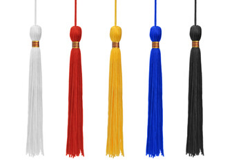 Five different color tassels isolated on white background