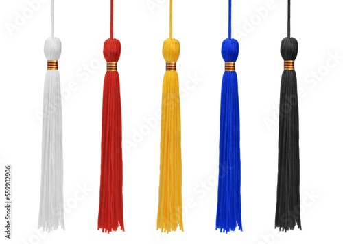 Five different color tassels isolated on white background