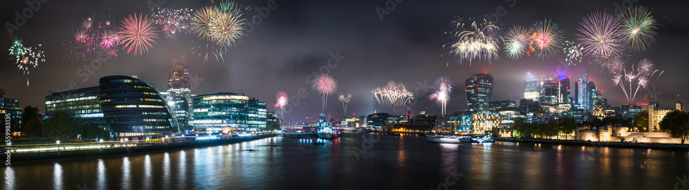 London skyline panorama with fireworks display