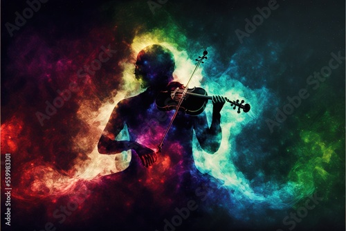 The violinist plays music in the form of colored smoke