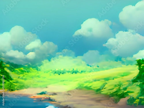 landscape with river 2d Anime background 