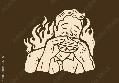 Illustration design of man eating burger