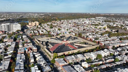 Aerial footage in the morning north of downtown Philadelphia moving slowly towards Eastern State Penitentiary historic site. photo