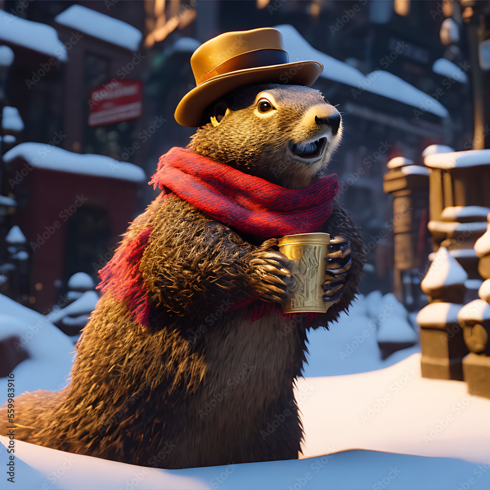 3D Anthropomorphized Groundhog with beer mug standing in the snow , dress in red hat and scarf Generative AI