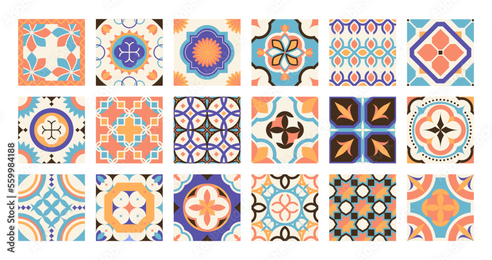 Lisbon tile pattern. Traditional portuguese spanish moroccan mosaic ceramic, decorative ornate square azulejos mediterranean motif. Vector set of spanish and portuguese pattern illustration