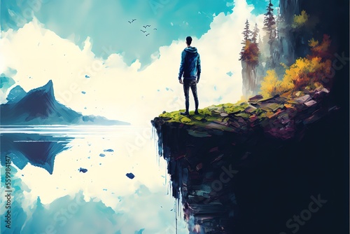 A man stands on a rock in the ocean, surreal illustration