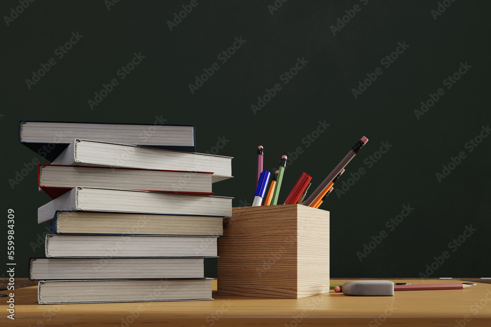 A pencil case and stacked textbooks with a blackboard in the background, 3d rendering A pencil case and stacked textbooks with a blackboard in the background, 3d rendering