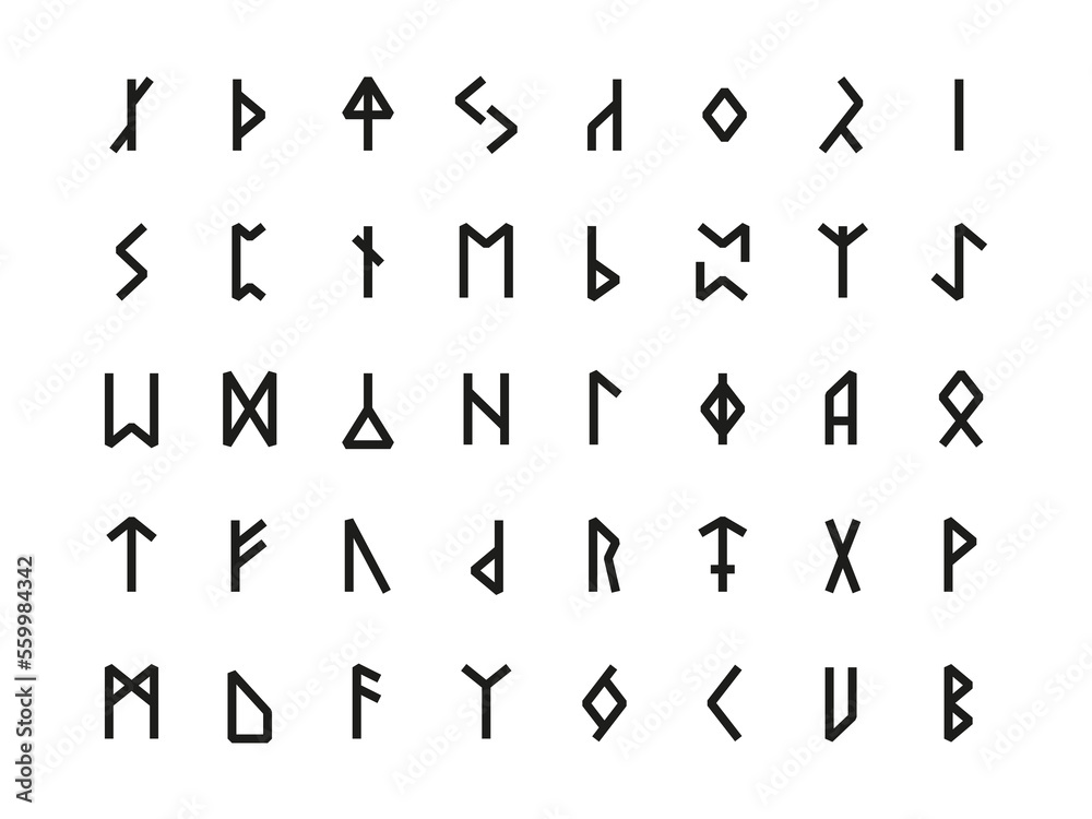 Runic hieroglyphics. Ancient nordic celtic alphabet with carved runes, old scandinavian sacred script letters germanic futhark culture signs. Vector collection of alphabet nordic illustration Runic hieroglyphics. Ancient nordic celtic alphabet with carved runes, old scandinavian sacred script letters germanic futhark culture signs. Vector collection of alphabet nordic illustration
