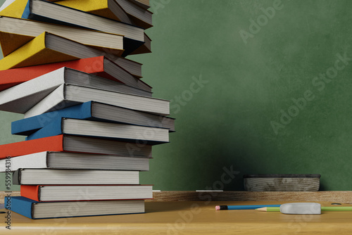 stacked textbooks with a blackboard in the background, 3d rendering photo