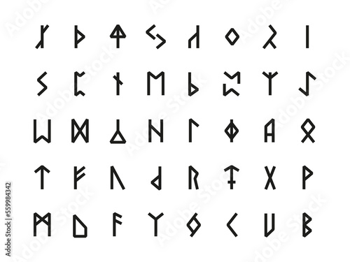 Runic hieroglyphics. Ancient nordic celtic alphabet with carved runes, old scandinavian sacred script letters germanic futhark culture signs. Vector collection of alphabet nordic illustration