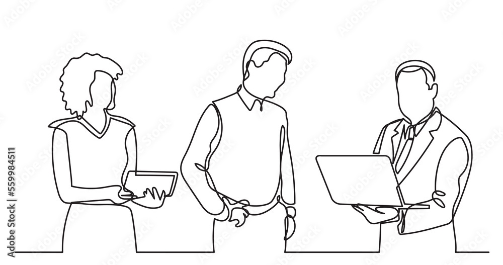 continuous line drawing of standing business people talking -  PNG image with transparent background