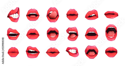 Red female lips. Cartoon woman mouth with different emotions kiss smile tongue out, impudent plump girl lip expressions. Vector colorful set of female mouth cartoon woman illustration