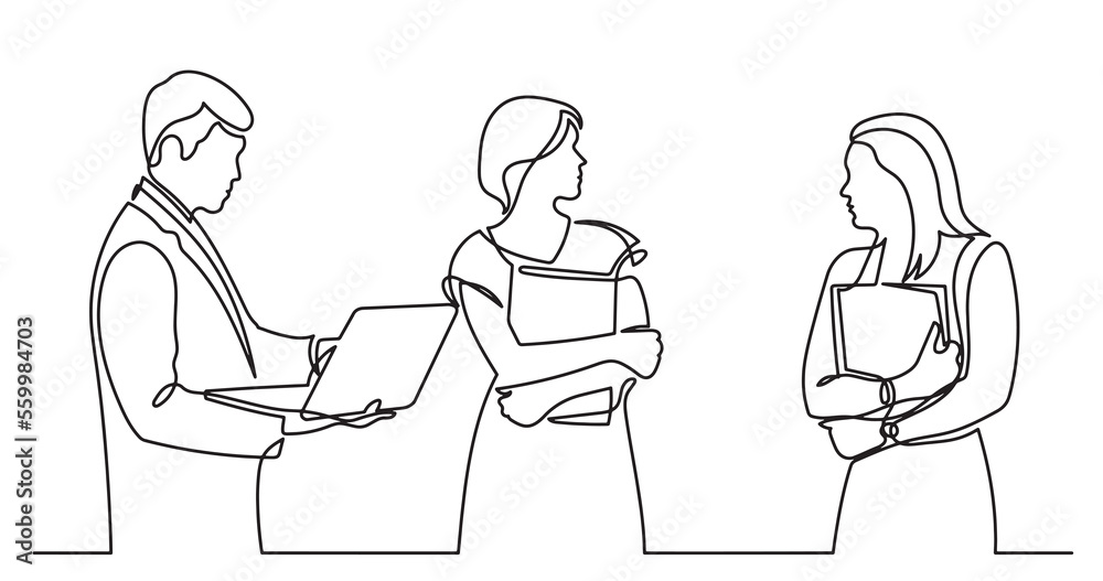 continuous line drawing of standing business people talking - PNG image with transparent background continuous line drawing of standing business people talking - PNG image with transparent background