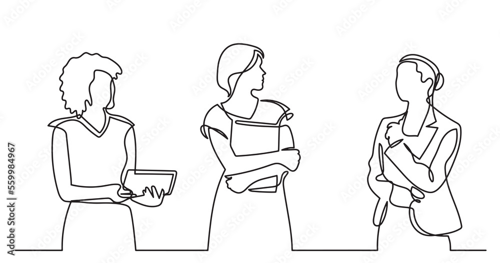 continuous line drawing of standing business people talking -  PNG image with transparent background