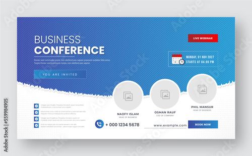 Business webinar invitation design. Webinar and business conference social media banner template. Online live webinar banner invitation template. Business conference flyer. Annual business conference