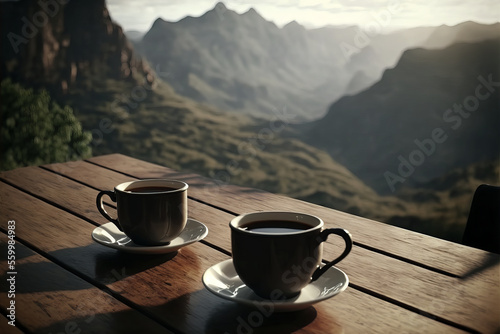 Fotografia Two cup of coffee on a wood table with a mountain view